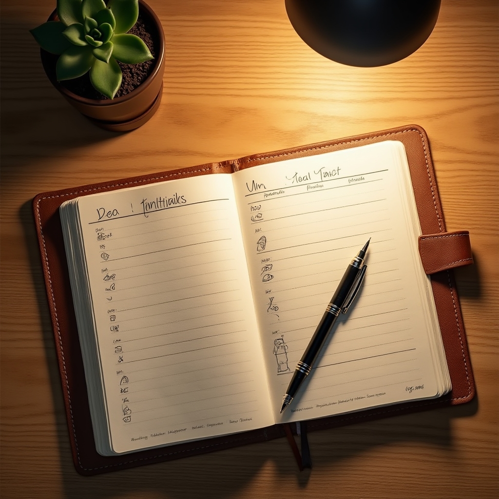 Zielplanung mit Notizbuch und Stift auf modernem Schreibtisch